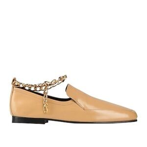 BY FAR Tan Patent Leather Loafers with Gold Chain